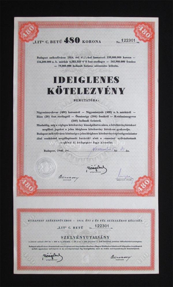 Budapest klcsn ideiglenes ktelezvny 480 korona 1946